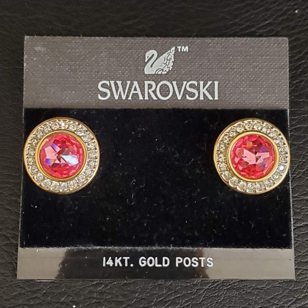 VTG Swarovski Halo Stud Earrings Pink and Clear Crystals Gold Signed S.A.L. 80's